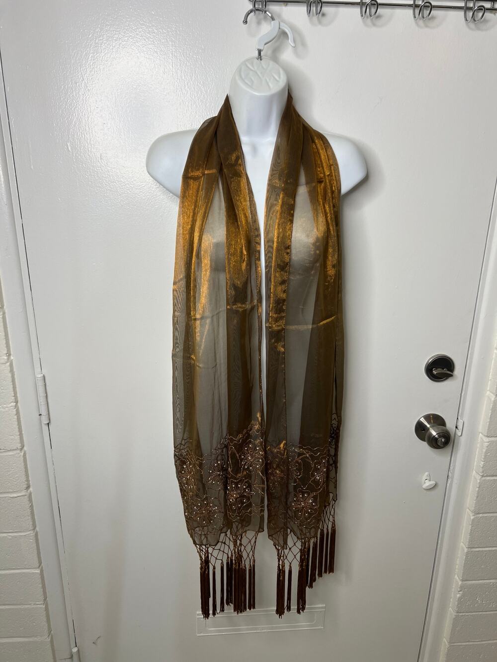 Sheer Embroidered Pearl Embellished Fringe Scarf Wrap Shawl Bronze~ 88" by 19.5"